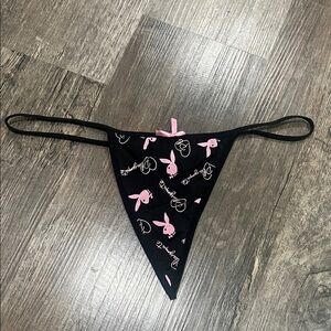 FINAL PRICE PLAYBOY Black with Pink Bunny Print Triangle Thong
